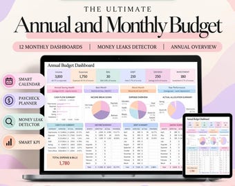 May include: A digital annual and monthly budget planner for Google Sheets displayed on a laptop and tablet screen. The interface features colorful charts, tables, and financial summaries including income, expenses, bills, debt, savings, and investment data.