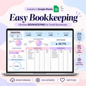Op de afbeelding: Een laptopscherm met een Easy Bookkeeping-spreadsheet voor kleine bedrijven in Google Sheets. Het dashboard bevat overzichten van inkomsten en uitgaven, winstmarges en voortgangsgrafieken met gegevens voor september 2026.