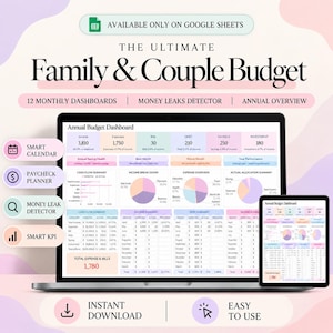 May include: A digital budget planner displayed on a laptop and tablet screen, titled The Ultimate Family & Couple Budget. The interface features annual budget dashboards, monthly trackers, money leak detectors, and various financial charts and tables.