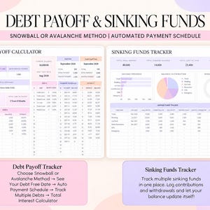 May include: A digital debt payoff and sinking funds tracker spreadsheet featuring a debt payoff calculator, payment schedule, and sinking funds tracker. The layout includes tables, charts, and text fields for tracking balances, interest, and savings progress.