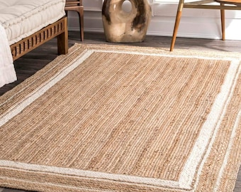 Natural Jute Area Rug with White Border | Handmade Rectangular Jute Rug | Eco-Friendly Boho Decor | Custom Size