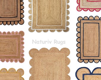 Scalloped Edge Jute Rug Natural Fiber Handwoven Area Rug Customize Any Size and Color