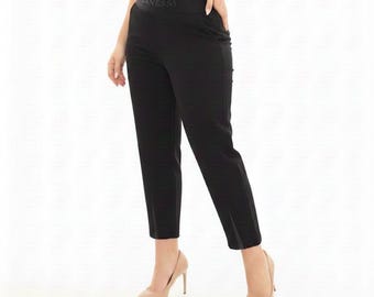 Plus Size High Waist Trousers - Tummy Control Elastic Band - Extra Curvy Fit Shaping Pants - Comfortable and Flattering - Office Pants