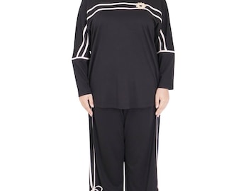 Conjunto de dos piezas negro para mujer de tallas grandes – Conjunto a juego de talla grande – Conjunto casual chic de top y pantalón