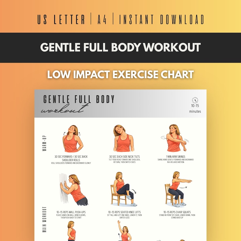 Puede incluir: Un gr&aacute;fico de ejercicios imprimible con el texto "Gentle Full Body Workout" y "Low Impact Exercise Chart". El gr&aacute;fico incluye ejercicios de calentamiento y entrenamiento principal con ilustraciones e instrucciones. Dise&ntilde;ado para tama&ntilde;os de papel US Letter y A4.