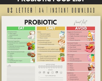 Liste d'aliments probiotiques, tableau de santé intestinale, guide des aliments probiotiques, régime alimentaire sain, liste d'aliments fermentés, PDF imprimable sur les probiotiques