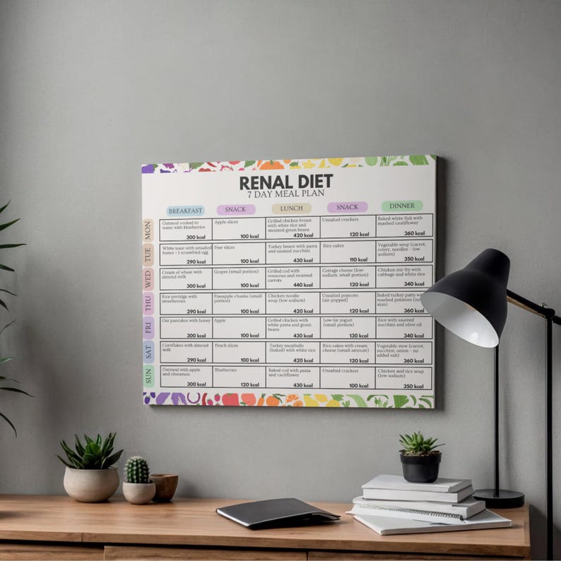 Puede incluir: Un gr&aacute;fico enmarcado "RENAL DIET 7 DAY MEAL PLAN" con un borde floral colorido. El gr&aacute;fico enumera las opciones de desayuno, merienda, almuerzo, merienda y cena para cada d&iacute;a de la semana, con recuentos de calor&iacute;as. El gr&aacute;fico se muestra en un escritorio de madera.