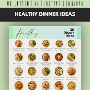 May include: A digital meal planning chart titled Healthy Dinner Ideas featuring 30 food options. The document includes text labels for dishes like grilled chicken, salmon with rice, and turkey meatballs, presented in a grid format on a light background.
