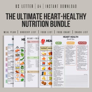 May include: A heart-healthy nutrition bundle with meal plans, grocery lists, and food charts. The bundle includes lists of foods to eat, limit, and avoid for heart health. The image features colorful illustrations of fruits, vegetables, and other food items.