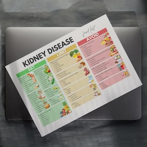 May include: A printed food list chart titled KIDNEY DISEASE with three color-coded columns labeled EAT in green, LIMIT in yellow, and AVOID in red. The chart features text lists of food items and small illustrations of various fruits, vegetables, and proteins.