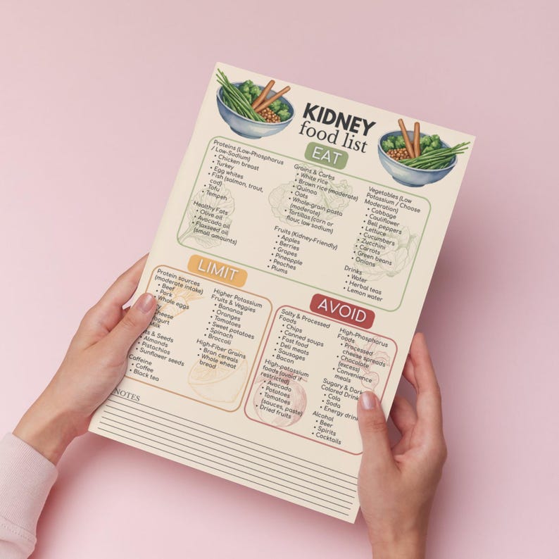 May include: A kidney food list poster held by hands, featuring sections for foods to eat, limit, and avoid. The poster includes illustrations of vegetables and text lists of food items, with a pink background.