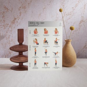 Puede incluir: Una gu&iacute;a de entrenamiento impresa titulada "GENTLE FULL BODY workout" con ejercicios ilustrados. La gu&iacute;a presenta a una mujer que demuestra varios ejercicios, incluyendo estiramientos y entrenamiento de fuerza. La combinaci&oacute;n de colores es neutra con un fondo beige y texto marr&oacute;n.