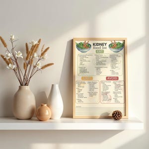 May include: A framed "Kidney Food List" poster with a beige background, featuring sections for "Eat," "Limit," and "Avoid." The poster includes illustrations of food items and text. Decorative vases and a small pinecone are on a white shelf.