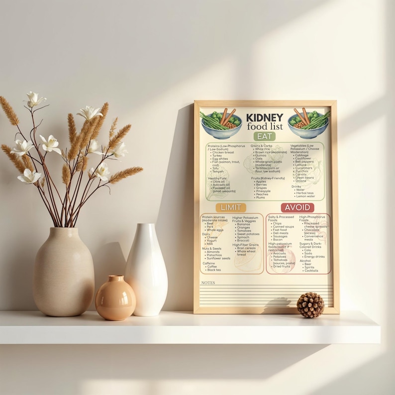 May include: A framed "Kidney Food List" poster with a beige background, featuring sections for "Eat," "Limit," and "Avoid." The poster includes illustrations of food items and text. Decorative vases and a small pinecone are on a white shelf.