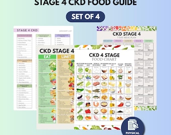 Stage 4 Kidney Diet Poster Set of 4, Printed CKD Food List, Renal Diet Food Chart, Low Potassium Foods, Meal Plan & Grocery List