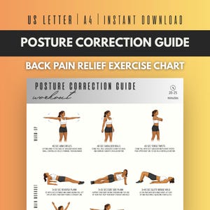 May include: A posture correction guide with exercises for back pain relief. The chart includes warm-up exercises like arm circles and shoulder rolls, and main workout exercises such as reverse plank and glute bridge hold. The text indicates it is an instant download.