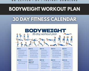 Plan de entrenamiento con peso corporal, tabla de ejercicios sin equipo para imprimir, guía de entrenamiento de fuerza en PDF, programa semanal de ejercicios en casa, rastreador para principiantes