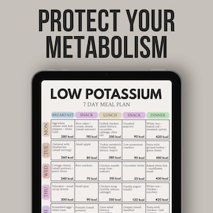 Puede incluir: Una tableta digital muestra un plan de comidas bajo en potasio de 7 d&iacute;as. El plan incluye opciones de desayuno, merienda, almuerzo y cena con recuentos de calor&iacute;as. El t&iacute;tulo "PROTECT YOUR METABOLISM" est&aacute; en la parte superior.