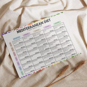 May include: A Mediterranean diet 7-day meal plan on a white paper with colorful headings. The plan includes breakfast, lunch, snack, and dinner options with calorie counts. The paper is on a beige fabric surface.