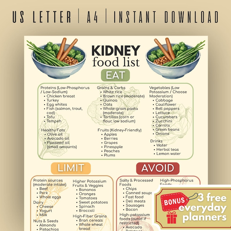May include: A printable kidney food list with sections for what to eat, limit, and avoid. The list includes proteins, grains, fruits, vegetables, and drinks. The top of the image says "US LETTER | A4 | INSTANT DOWNLOAD".