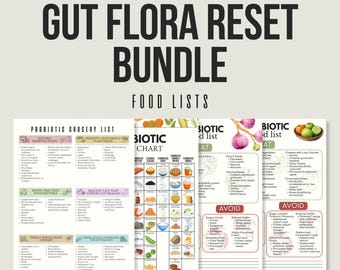 Bundle de réinitialisation de la flore intestinale, Liste d'aliments probiotiques, Aliments prébiotiques, Épicerie probiotique, Tableau des aliments imprimable, Aliments respectueux des tripes