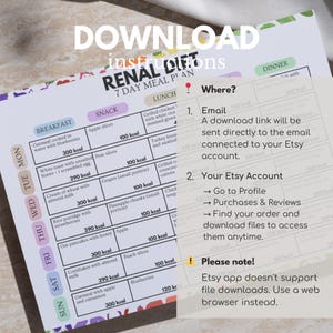 Puede incluir: Un plan de comidas de 7 d&iacute;as para una dieta renal, con detalles sobre desayuno, almuerzo, merienda y cena. El plan incluye calor&iacute;as diarias e instrucciones de descarga de Etsy.