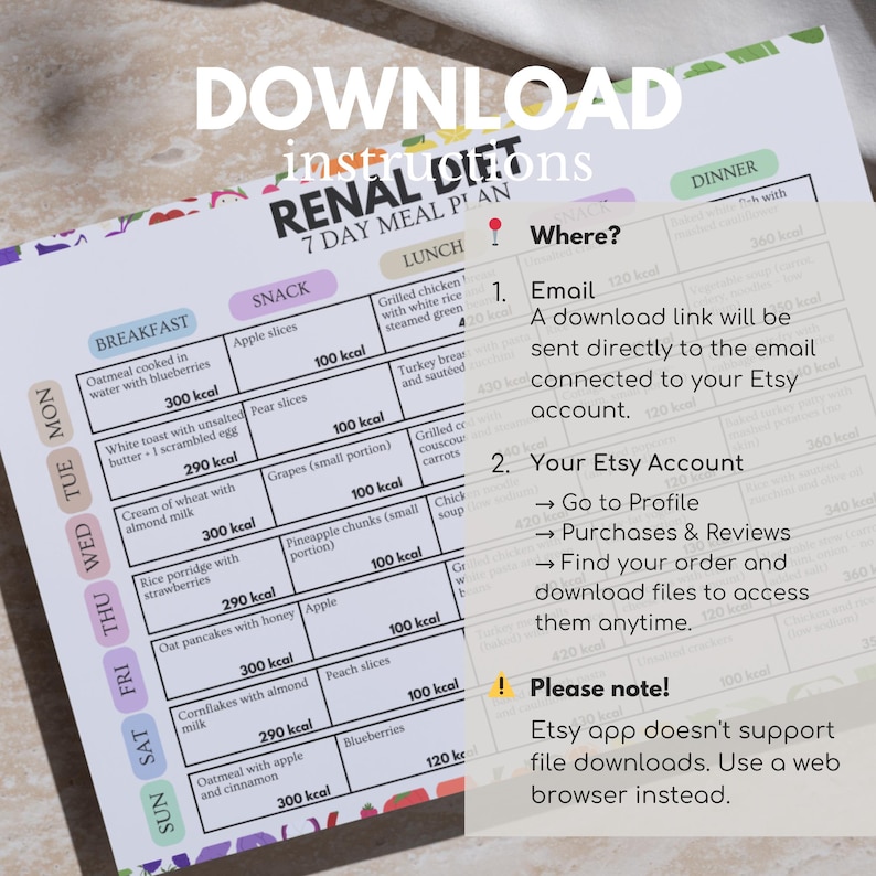 Puede incluir: Un plan de comidas de 7 d&iacute;as para una dieta renal, con detalles sobre desayuno, almuerzo, merienda y cena. El plan incluye calor&iacute;as diarias e instrucciones de descarga de Etsy.