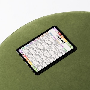 May include: A black tablet displaying a colorful DASH DIET 7 DAY MEAL PLAN. The plan is a grid with daily meal suggestions and calorie counts. The tablet is on a green surface.