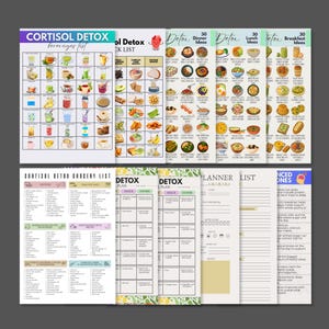May include: A collection of colorful, illustrated pages with the text "Cortisol Detox" and "Detox Plan". The pages include lists of beverages, grocery items, and meal ideas for breakfast, lunch, and dinner. The pages are designed with a clean, organized layout.