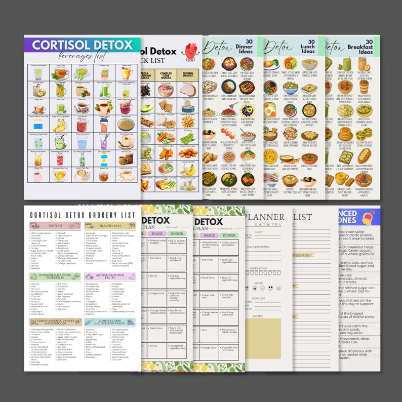 May include: A collection of colorful, illustrated pages with the text "Cortisol Detox" and "Detox Plan". The pages include lists of beverages, grocery items, and meal ideas for breakfast, lunch, and dinner. The pages are designed with a clean, organized layout.