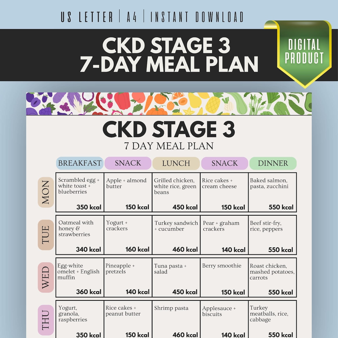 Kidney Health Diet, CKD Stage 3 Meal Plan, 7 Day Renal Menu Printable ...