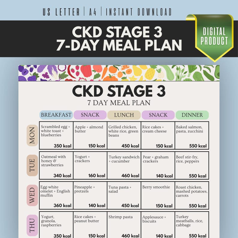 Kidney Health Diet, CKD Stage 3 Meal Plan, 7 Day Renal Menu Printable ...
