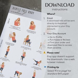 Puede incluir: Una gu&iacute;a de ejercicios impresa titulada "Gentle Full Body Workout" con ejercicios ilustrados. La gu&iacute;a incluye secciones de calentamiento y entrenamiento principal, con instrucciones y diagramas. Tambi&eacute;n se incluyen instrucciones de descarga.