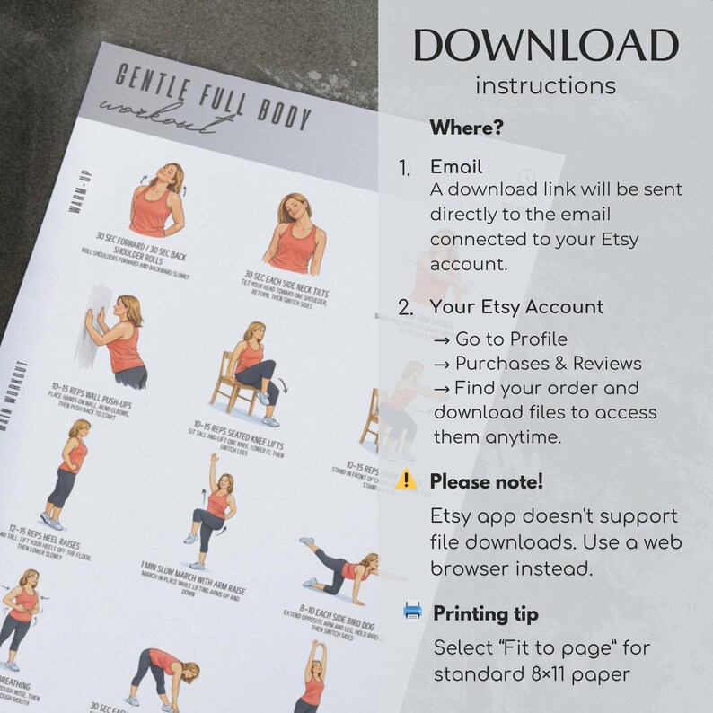 Puede incluir: Una gu&iacute;a de ejercicios impresa titulada "Gentle Full Body Workout" con ejercicios ilustrados. La gu&iacute;a incluye secciones de calentamiento y entrenamiento principal, con instrucciones y diagramas. Tambi&eacute;n se incluyen instrucciones de descarga.
