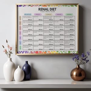 Puede incluir: Un p&oacute;ster enmarcado titulado "RENAL DIET 7 DAY MEAL PLAN" con un marco dorado. El p&oacute;ster enumera las opciones de comida para cada d&iacute;a de la semana. Debajo del p&oacute;ster hay tres jarrones blancos y un jarr&oacute;n azul oscuro.