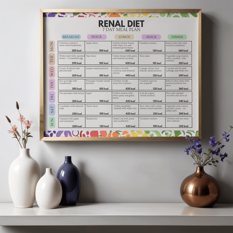 Puede incluir: Un p&oacute;ster enmarcado titulado "RENAL DIET 7 DAY MEAL PLAN" con un marco dorado. El p&oacute;ster enumera las opciones de comida para cada d&iacute;a de la semana. Debajo del p&oacute;ster hay tres jarrones blancos y un jarr&oacute;n azul oscuro.