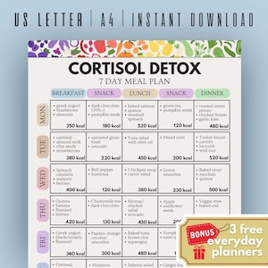 Cortisol Detox 7-Tage-Speiseplan, Cortisol-Diät reduzieren, Hormonhaushalt-Leitfaden, Unterstützung für Nebennierenmüdung, druckbarer Plan für gesunde Ernährung