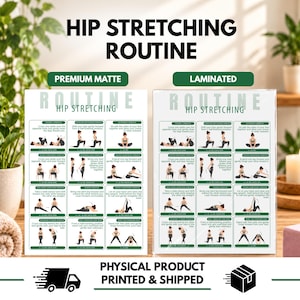 Peut inclure: Deux affiches rectangulaires intitulées HIP STRETCHING ROUTINE, l'une mate et l'autre plastifiée. Chaque affiche présente une grille de douze illustrations montrant divers étirements de hanches avec du texte explicatif sur fond blanc.