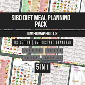 Peut inclure: Un pack de planification de repas pour régime SIBO comprenant une collection 5-en-1 de documents imprimables. L'ensemble inclut une liste d'aliments pauvres en FODMAP, un tableau alimentaire SIBO, un plan de repas sur 7 jours et une liste de courses.