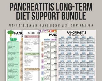 Paquete de apoyo dietético a largo plazo para la pancreatitis, Alimentos para la pancreatitis, Tabla de alimentos imprimible, Lista de alimentos bajos en grasa, Lista de alimentos blandos, Plan de comidas de 7 días