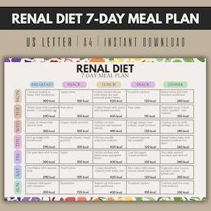 Puede incluir: Un plan de comidas de dieta renal de 7 d&iacute;as con opciones para el desayuno, los refrigerios, el almuerzo y la cena, e informaci&oacute;n cal&oacute;rica. El texto "RENAL DIET 7-DAY MEAL PLAN" est&aacute; en la parte superior. Descarga instant&aacute;nea.
