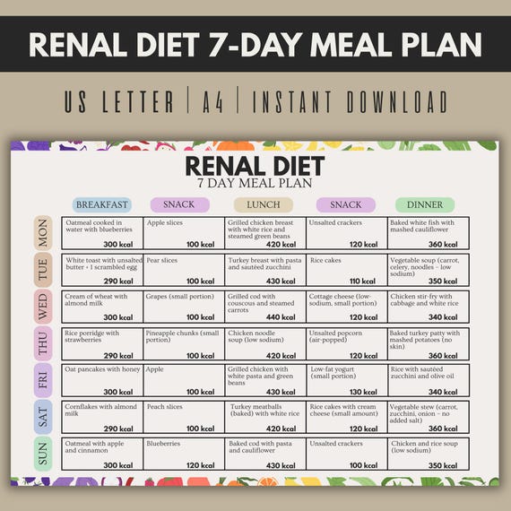 Renal Diet 7 Day Meal Plan, Renal Meal Plan PDF, Kidney Diet Plan, Low Sodium Meals, Low Potassium Diet, CKD Meal Plan
