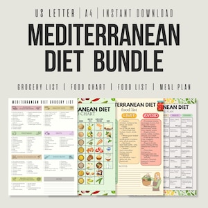以下が含まれることがあります： 食料品リスト、フードチャート、フードリスト、食事プランを備えた、デジタル地中海ダイエットバンドル。 「野菜」、「果物」、および「健康的な脂肪」などのテキストを含む、さまざまなカラフルなチャートとリストが含まれています。 テキスト「Mediterranean Diet Bundle」が上部にあります。