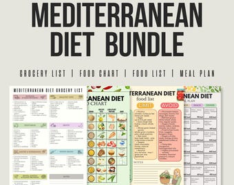Mediterranean Diet Bundle, Mediterranean Food List, Grocery List, Food Chart, Meal Plan, Healthy Diet Printable Eating Guide