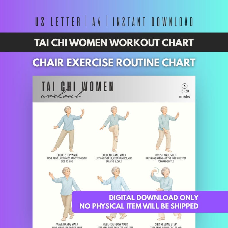 Tai Chi Women, Flow Movement Exercise Chart, Balance Routine PDF, Printable Fitness Poster, Gentle Workout Guide image 1