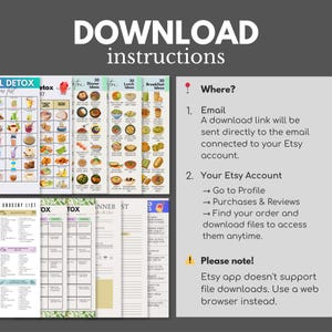 May include: A digital download graphic with the text "DOWNLOAD instructions" at the top. The image includes several printable lists, including a detox list, meal ideas, and a grocery list. Instructions for downloading are also included.