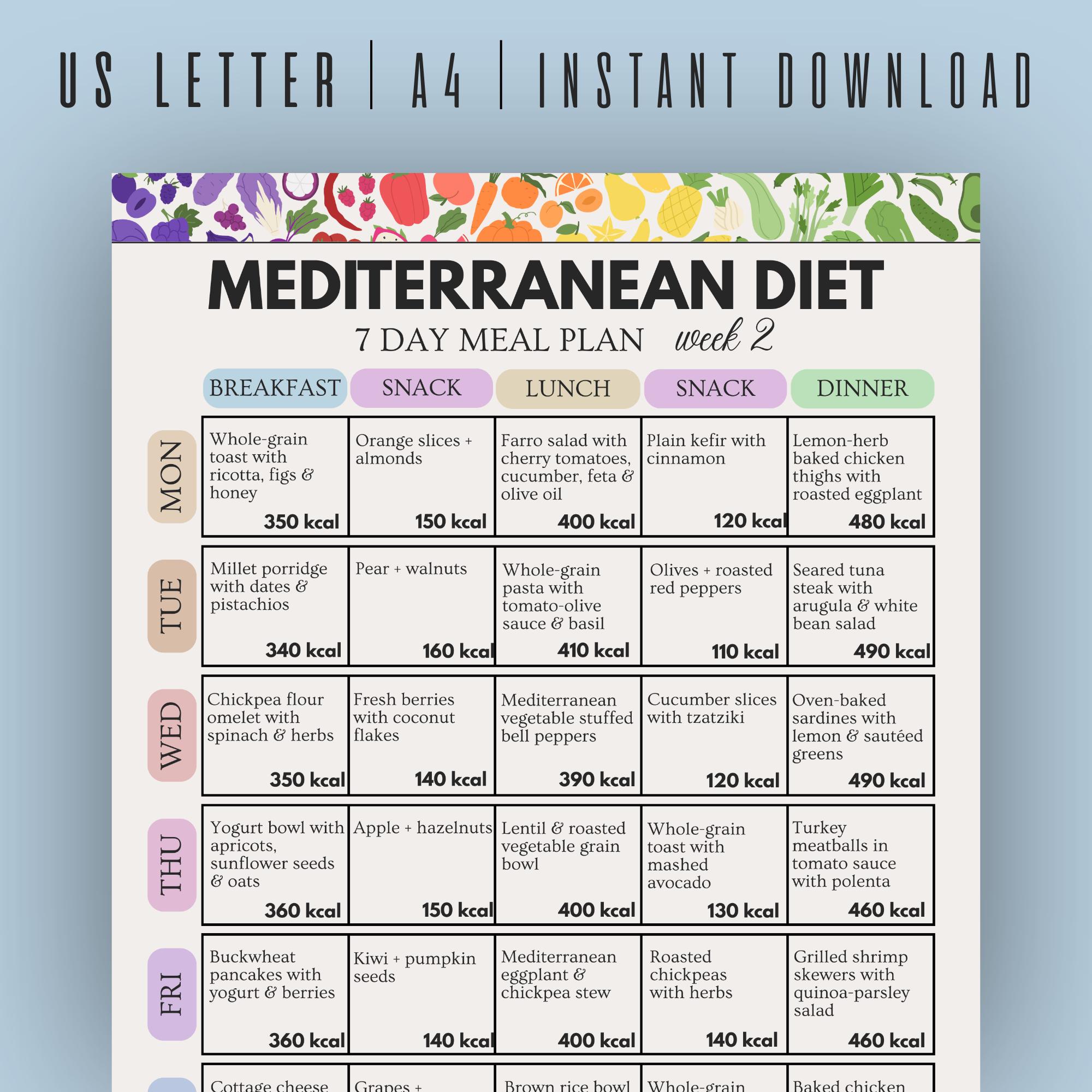 Mediterranean Diet 7 Day Meal Plan, Weekly Meal Plan Printable, Heart