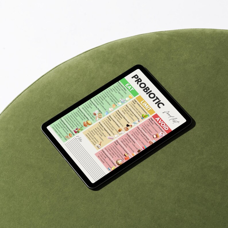 Puede incluir: Una tableta negra que muestra una colorida gu&iacute;a de "Probiotic Breakfast". La gu&iacute;a se divide en secciones de Comer, Limitar y Evitar, con listas de alimentos. La tableta descansa sobre una superficie verde y redondeada.