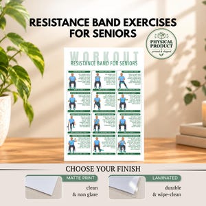 May include: A white instructional poster titled Resistance Band Exercises for Seniors featuring twelve illustrated workout routines with text instructions, rep counts, and set counts, displayed alongside two finish options.