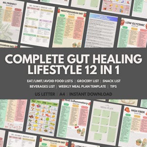 Puede incluir: Una colección de guías imprimibles coloridas para la salud intestinal, que incluyen listas de alimentos y planes de comidas. El título "COMPLETE GUT HEALING LIFESTYLE 12 IN 1" es visible. Guías en formatos A4 y US Letter, descarga instantánea.